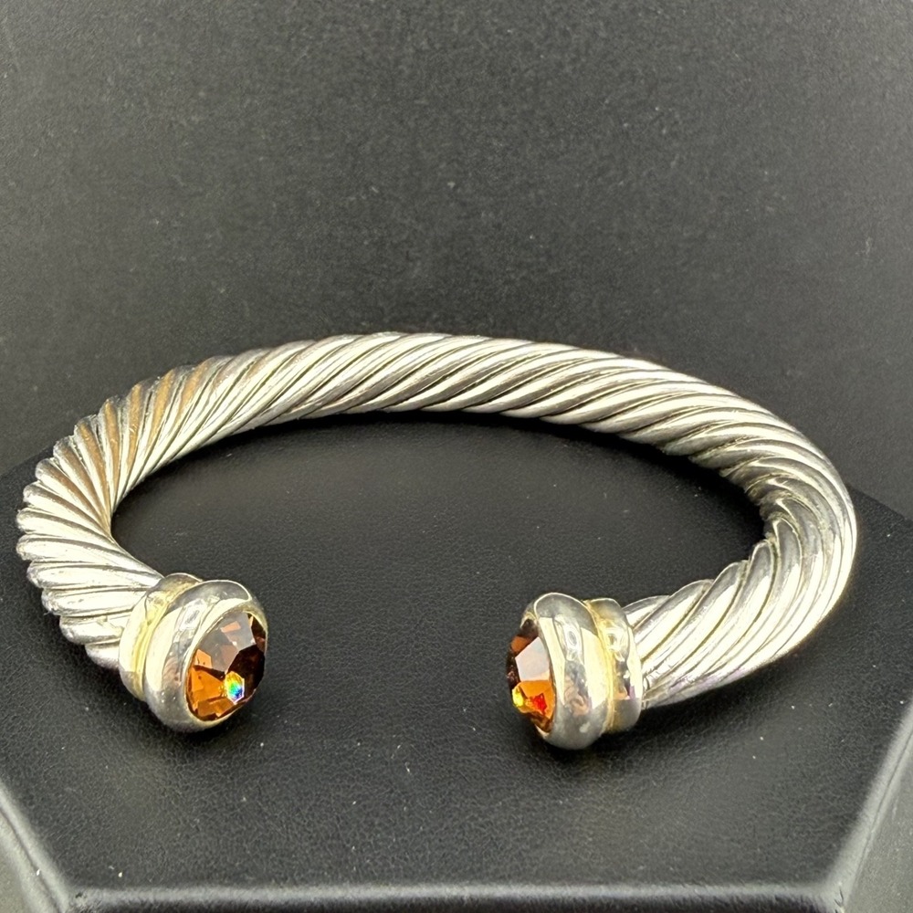 Vintage Cable Cuff Bracelet Silver Tone Orange Rhinestone 6.5"
